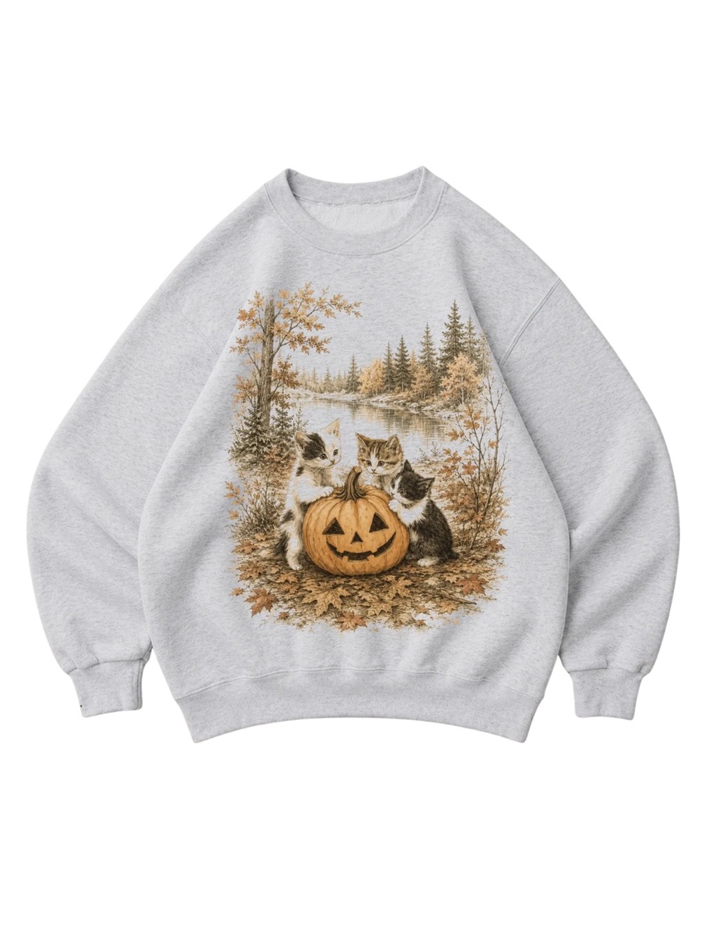 Gildan Cat Pumpkin Crewneck Sweatshirt - Light Gray